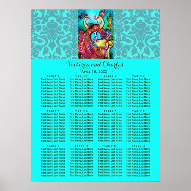 Affiches MARIAGE LOVE PEACOCKS Blue Damask Seize Chart (Devant)