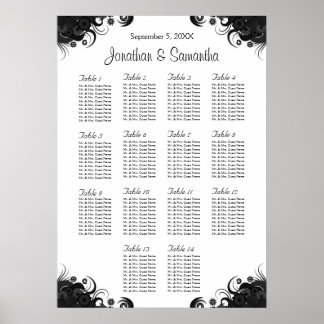 Affiches Mariage noir et blanc 14 tables Cartes de sièges