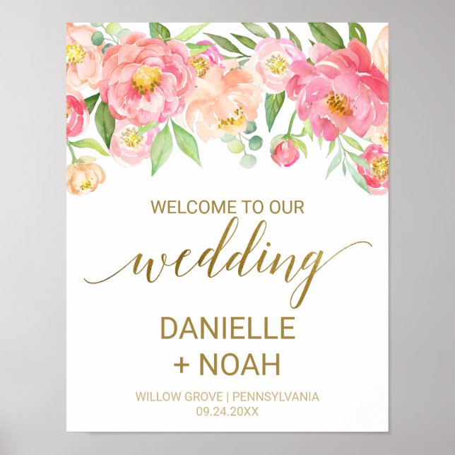 Affiches Mariage Peach and Pink Peony Flowers Bienvenue (Devant)