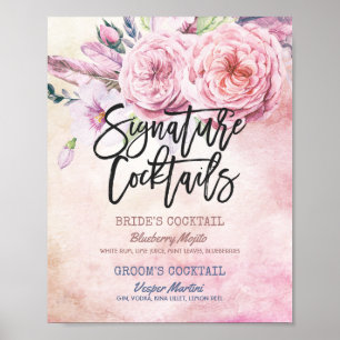 Affiches Mariage Signature Boire Menu Boho Plumes florales
