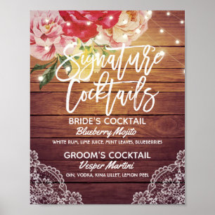 Affiches Mariage Signature Cocktail Menu Boisson Bois Flora