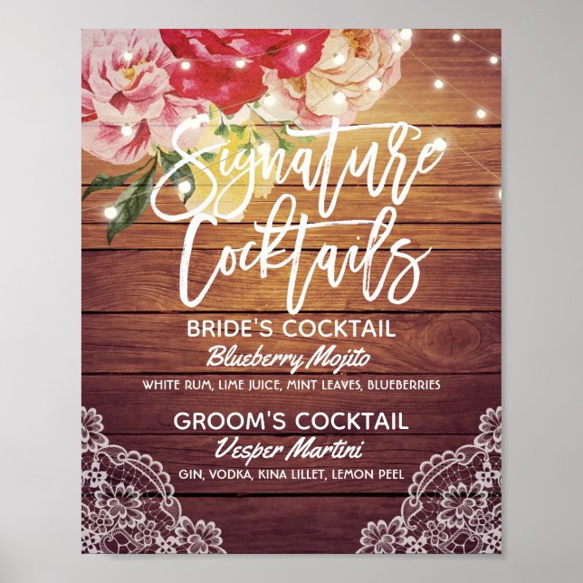 Affiches Mariage Signature Cocktail Menu Boisson Bois Flora (Devant)