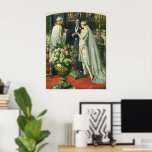 Affiches Mariage vintage, Mariée et Salle avec Menorah<br><div class="desc">Illustration vintage image de cérémonie d'amour et de romance mariage montrant un couple se marier dans une belle synagogue avec vitraux,  fleurs et une menorah à sept branches. La mariée porte une longue robe blanche mariage et le marié est beau dans son smoking.</div>
