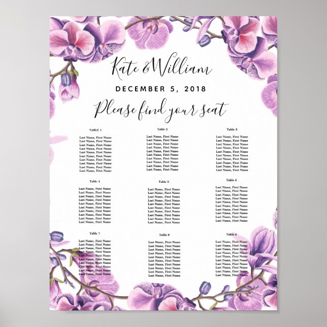 Affiches mariage violet floral Table plan parti/mariage (Devant)