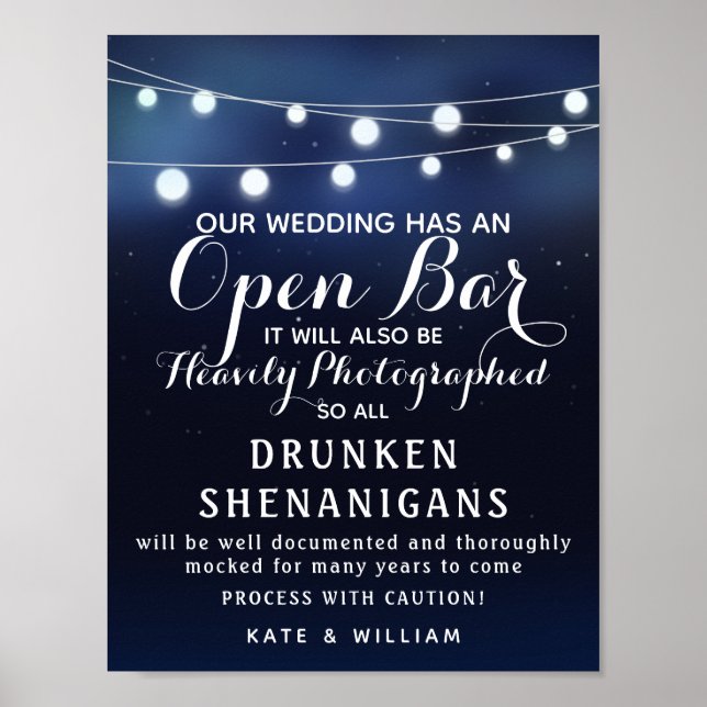 Affiches Marine Chaîne de lumières Open Bar mariage signe (Devant)