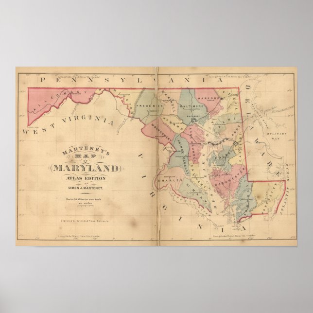 Affiches Martenet's Map of Maryland, Atlas Edition (Devant)