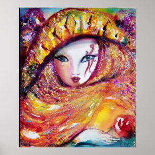 AFFICHES MASQUE DE CARNIVAL EN JAUNE AVEC ROSE ROUGE