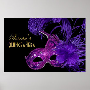 Affiches Masquerade quinceañera anniversaire rose, masque v