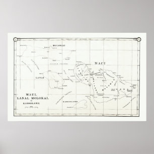 Affiches Maui, Lanai, carte vintage 1890 de Molokai,