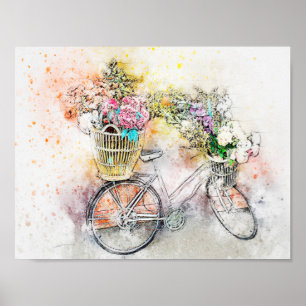 Affiches Médias vélo de mélange d'aquarelle et fleurs 1