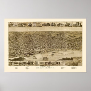 Affiches Memphis, carte panoramique de TN - 1887