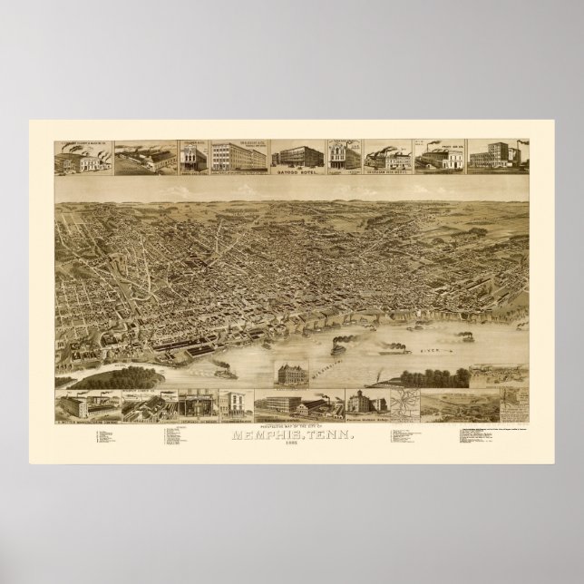 Affiches Memphis, TN Carte panoramique - 1887 (Devant)