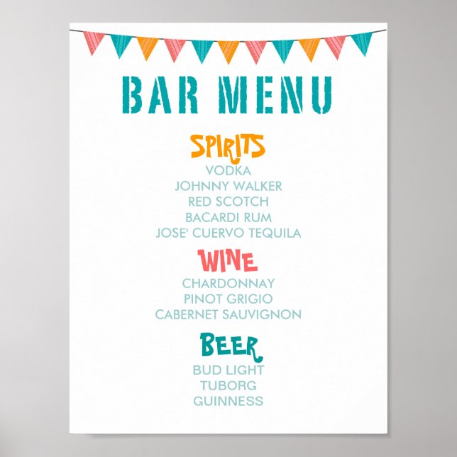 Affiches MENU BAR Style fiesta mariage et réception de fête (Devant)