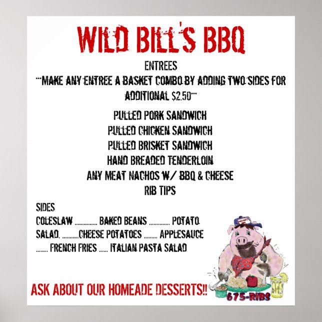 AFFICHES MENU BBQ DE WILD BILL (Devant)