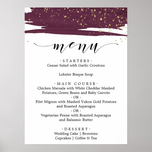 Affiches Menu de dîner de mariage à l'aquarelle Marsala et  (Devant)