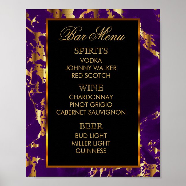 Affiches Menu du Bar - Marbre Violet et Or et Noir (Devant)