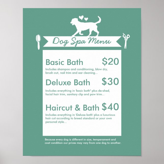 Affiches Menu Spa de dressage de chien - Personnalisable (Devant)