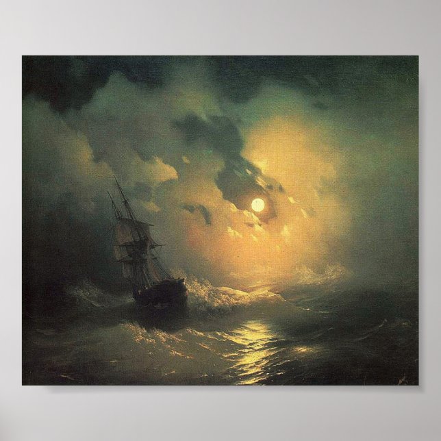 Affiches Mer orageuse à la peinture marine de nuit (Devant)