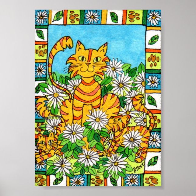 Affiches Mère Chat & Chatons en Daisy Patch Mini Folk Art (Devant)