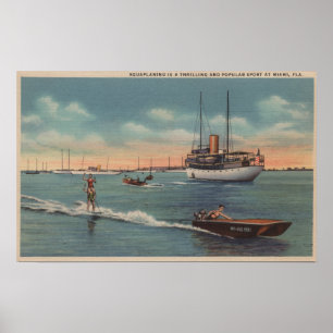 Affiches Miami, FL - scène de ski d'eau, bateau en bois