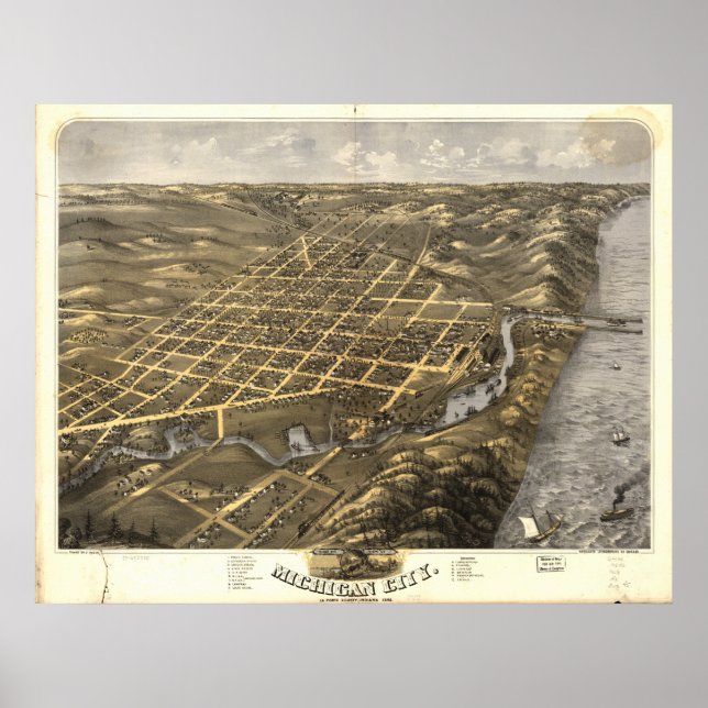 Affiches Michigan City Indiana 1869 Carte panoramique antiq (Devant)