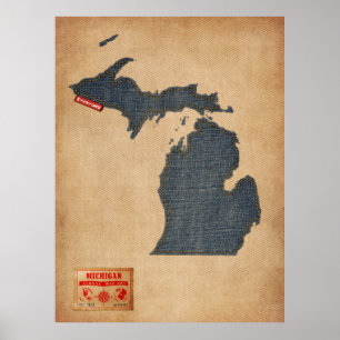 Affiches Michigan Map Denim Jeans Style