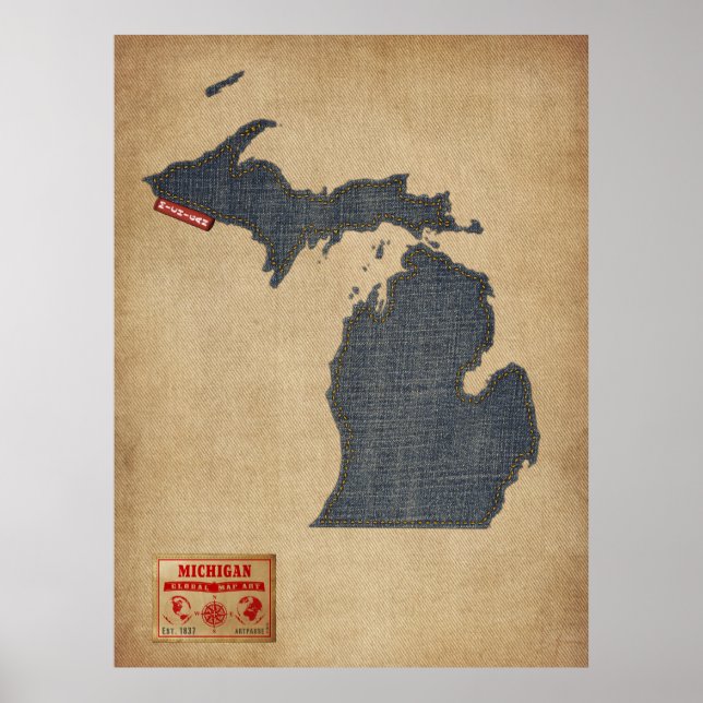 Affiches Michigan Map Denim Jeans Style (Devant)
