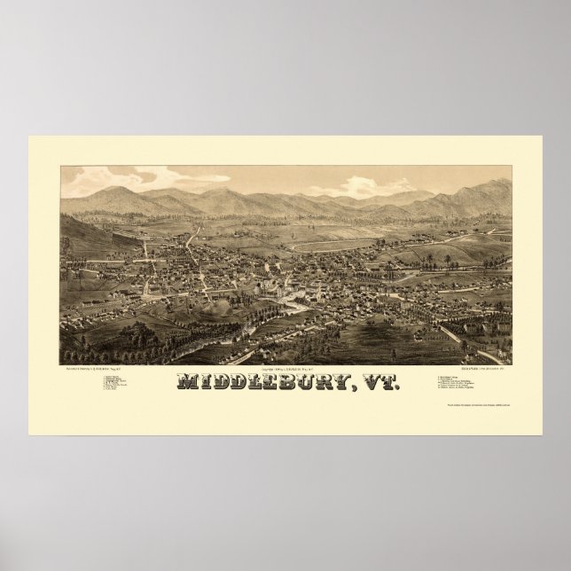 Affiches Middlebury, VT Carte panoramique - 1886 (Devant)
