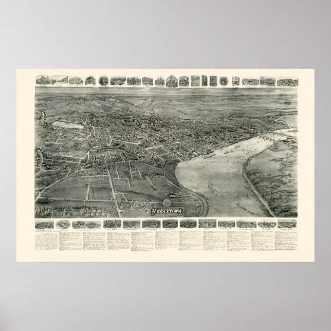 Affiches Middletown, CT Carte panoramique - 1915 (Devant)