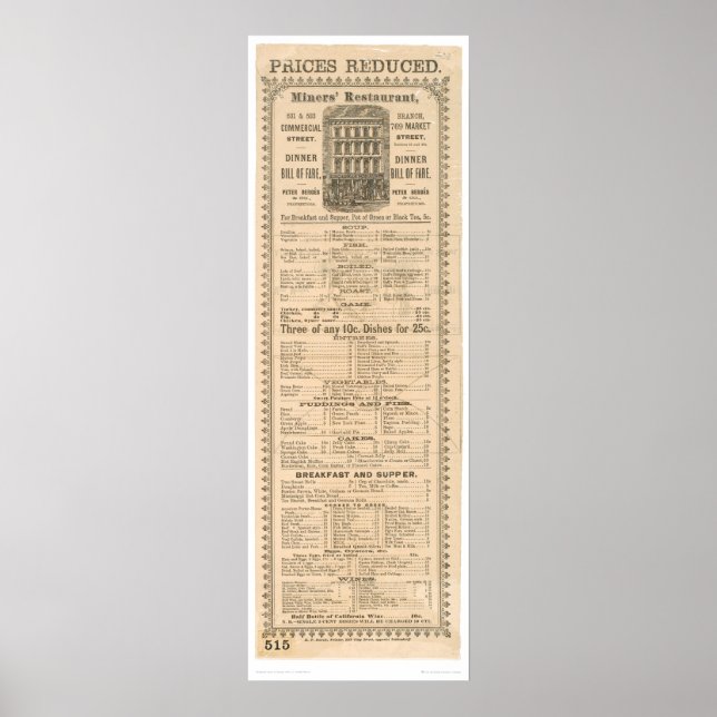 Affiches Miners' Restaurant Menu (1083A) (Devant)