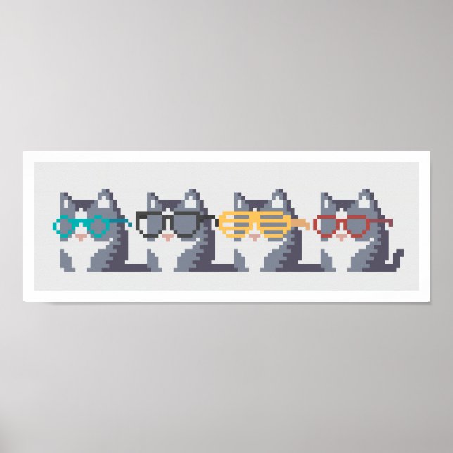 Affiches Mini Chats Avec Verres Ligne Pixel Art (Devant)
