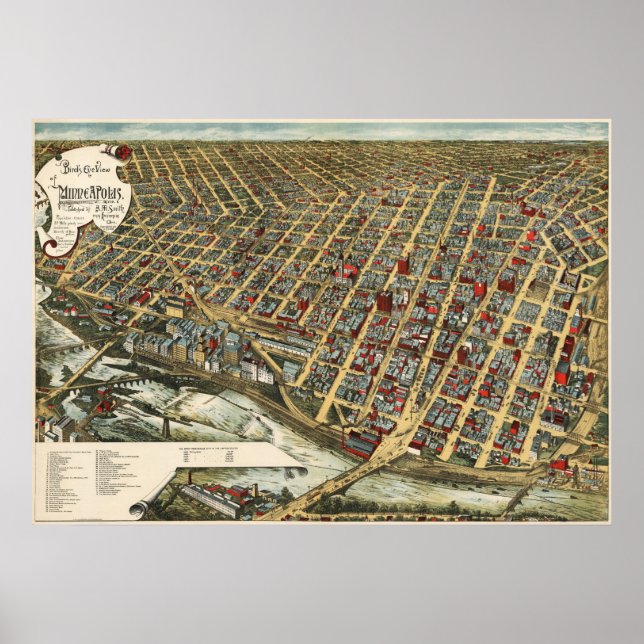 Affiches Minneapolis birdseye map - 1891 (Smith) BigMapBlo (Devant)