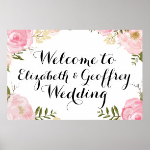 Affiches Modern Vintage Pink Floral Wedding Welcome Banner