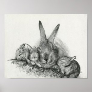 Affiches Momma Rabbit Avec Bébé Bunnies Crayon Dessin