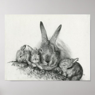 Affiches Momma Rabbit Avec Bébé Bunnies Crayon Dessin