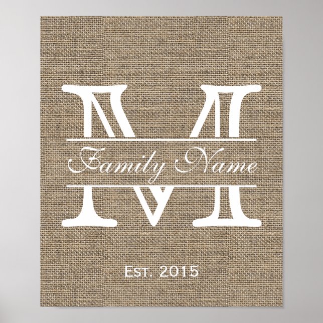 Affiches Monogram Rustic Burlap Nom de famille (Devant)