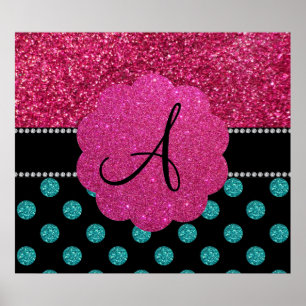 Affiches Monogram turquoise and pink polka dots