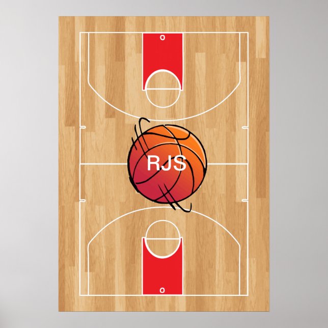 Affiches Monogramme de basket-ball sur terrain de basket-ba (Devant)