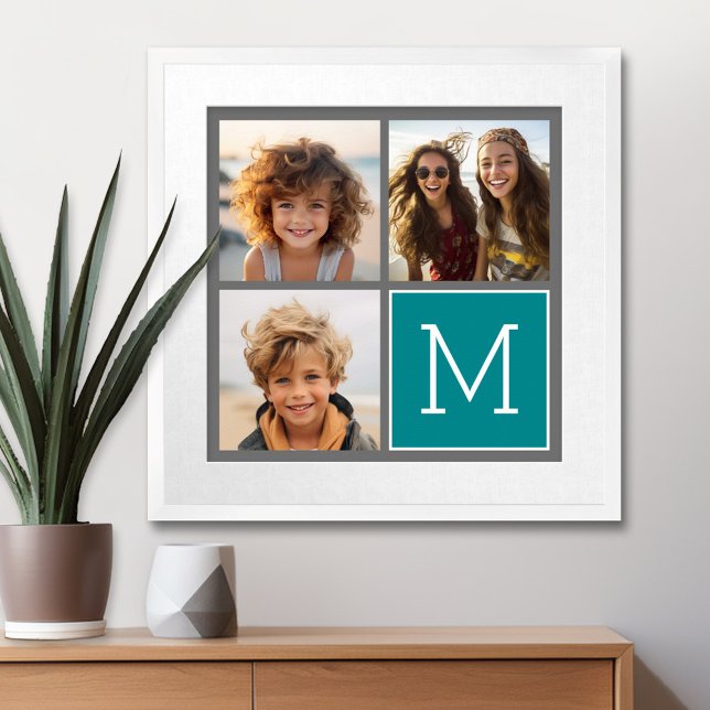 Affiches Monogramme de collection de photos Turquoise et gr (Personalized Wall Art with a Photo Collage)