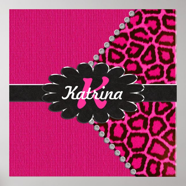 Affiches Monogramme en cuir noir sur Cheetah rose (Devant)