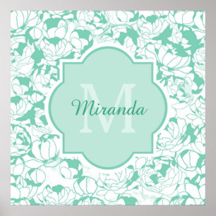 Affiches Monogramme Floral Vert Mint Moderne Avec Nom
