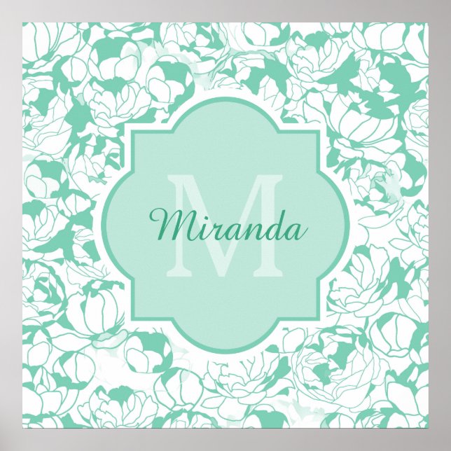 Affiches Monogramme Floral Vert Mint Moderne Avec Nom (Devant)
