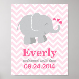 Affiches Monogramme personnalisé d'éléphant rose et gris mo