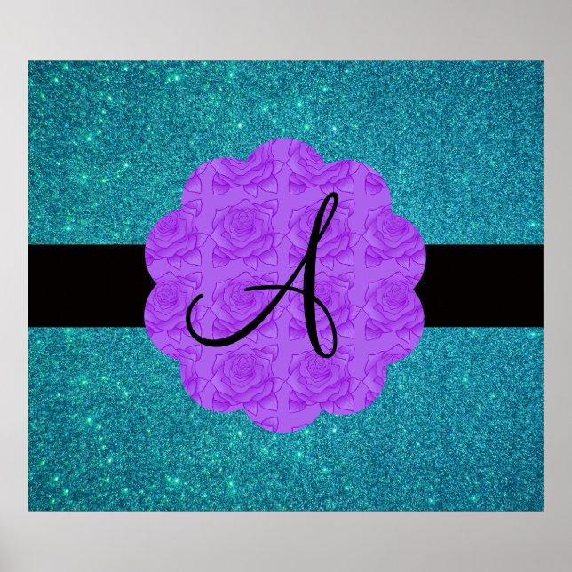 Affiches Monogramme rose violet parties scintillant turquoi (Devant)