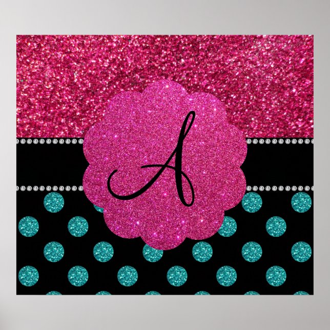Affiches Monogramme turquoise et pois roses (Devant)