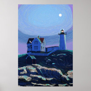 Affiches Moonlit Nubble Lighthouse Standard Premium Canvas