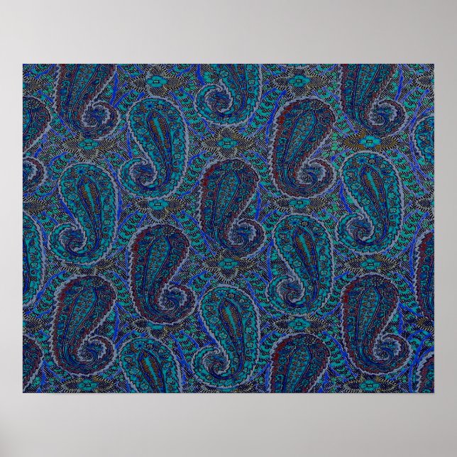 Affiches Motif d'art boho indien bleu Paisley (Devant)