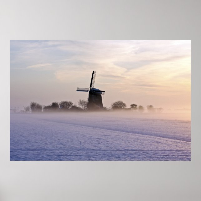 Affiches Moulin traditionnel en hiver à Pays-Bas (Devant)
