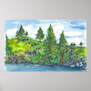 Affiches Mountain Lake Trees peinture aquarelle