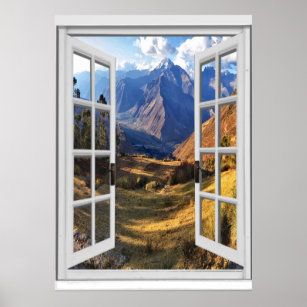 Affiches Mountain Peaks View Trompe l'oeil Fake Window